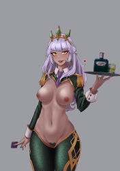  1girl :d absurdres alcohol bottle breasts cel_da_lin commentary_request condom cowboy_shot dark-skinned_female dark_skin glass green_legwear grey_background hair_ornament hand_up heart_pasties highres holding holding_condom holding_tray large_breasts league_of_legends lips long_hair long_sleeves looking_at_viewer meme_attire nail_polish navel necktie nipples open_mouth pasties purple_necktie qiyana_(league_of_legends) reverse_bunnysuit reverse_outfit shiny_skin short_necktie simple_background smile solo teeth tray  rating:Questionable score:26 user:danbooru