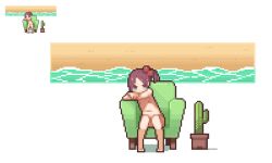  1girl armchair beach blue_eyes cactus chair dithering female_focus hair_bobbles hair_ornament loli looking_at_viewer navel nude omunikin original pixel_art plant potted_plant side_ponytail sitting solo water 