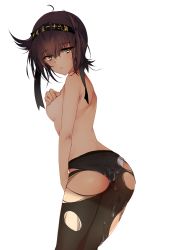  1girl ass back bba1985 black_hair black_pantyhose breasts brown_eyes commentary_request covering_privates covering_breasts cum cum_on_ass cum_on_body cum_on_clothes cum_on_lower_body eyebrows from_behind hair_between_eyes hair_flaps hairband hatsuzuki_(kancolle) highres kantai_collection looking_back medium_breasts panties panties_under_pantyhose pantyhose shade solo standing topless torn_clothes torn_pantyhose transparent_background underwear underwear_only white_panties 