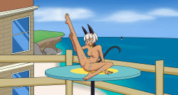  absurdres animal_ears anus beach breasts cat_ears cat_girl cat_tail claws cleft_of_venus fenix31 highres leg_up looking_at_viewer ms._fortune_(skullgirls) nude pussy skullgirls solo tail tan white_hair  rating:Explicit score:17 user:Fenix3198