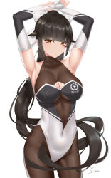 1girl absurdres armpits arms_up azur_lane black_hair black_pantyhose blunt_bangs breasts brown_eyes chinese_commentary cleavage cleavage_cutout clothing_cutout commentary_request covered_navel cowboy_shot detached_sleeves highres ichikushi_mojibake large_breasts leotard long_hair long_sleeves looking_at_viewer official_alternate_costume pantyhose parted_lips ponytail signature simple_background takao_(azur_lane) takao_(full_throttle_charmer)_(azur_lane) two-tone_leotard white_background rating:Sensitive score:26 user:danbooru