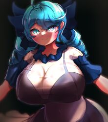 1girl absurdres blue_hair breasts cleavage drill_hair gwen_(league_of_legends) hair_ribbon highres huge_breasts league_of_legends ribbon twin_drills rating:Questionable score:7 user:twilight_jester