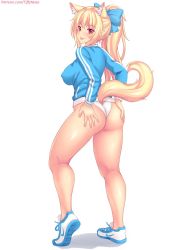1girl :p animal_ear_fluff animal_ears ass ass_grab blonde_hair blue_bow blush bow breasts cat_ears cat_tail covered_erect_nipples from_behind grabbing_own_ass hair_bow hands_on_own_ass highres impossible_clothes jacket large_breasts leotard long_hair looking_at_viewer looking_back nottytiffy original patreon_username ponytail red_eyes shoes slit_pupils smile sneakers solo tail tiffy_(nottytiffy) tongue tongue_out track_jacket watermark web_address white_background rating:Sensitive score:68 user:danbooru