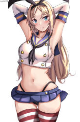  1girl absurdres arms_behind_head black_hairband black_neckerchief black_panties blonde_hair blue_eyes blue_sailor_collar blue_skirt blush breasts cosplay crop_top elbow_gloves gloves hairband highleg highleg_panties highres kantai_collection large_breasts long_hair looking_at_viewer microskirt mizuki_(uzuki_no_sato) neckerchief nelson_(kancolle) one-hour_drawing_challenge panties sailor_collar shimakaze_(kancolle) shimakaze_(kancolle)_(cosplay) skirt solo striped_clothes striped_thighhighs thighhighs underwear white_gloves 