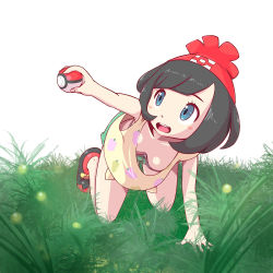  1girl all_fours black_hair blue_eyes bra breasts cleavage creatures_(company) downblouse food_print game_freak grass hat highres holding holding_poke_ball microsd nintendo open_mouth outdoors plant poke_ball pokemon pokemon_(game) pokemon_sm selene_(pokemon) shoes short_hair shorts simple_background small_breasts smile solo tank_top underwear white_background  rating:Questionable score:29 user:Qwertyuiop999
