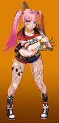  1girl absurdres baseball_bat belt black_belt black_footwear body_writing bracelet ceroccb choker collarbone colored_tips commentary cosplay crop_top dc_comics ear_piercing eyeshadow female_focus fire_emblem fire_emblem:_three_houses fishnet_pantyhose fishnets full_body gradient_background grin groin harley_quinn harley_quinn_(cosplay) highres hilda_valentine_goneril holding holding_baseball_bat jewelry lipstick long_hair looking_at_viewer makeup matching_hair/eyes micro_shorts midriff multicolored_hair nintendo one_eye_closed orange_background pantyhose piercing pink_eyes pink_hair pubic_tattoo red_lips red_shorts shoes shorts smile solo spiked_bracelet spikes standing stomach suicide_squad tally tattoo teeth torn_clothes torn_pantyhose twintails white_choker wink  rating:Sensitive score:17 user:danbooru
