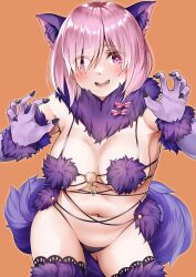  1girl absurdres animal_ears bare_shoulders blush bow breasts cleavage elbow_gloves fate/grand_order fate_(series) fur-trimmed_gloves fur-trimmed_legwear fur_collar fur_trim gloves hair_over_one_eye highres lace lace-trimmed_legwear lace_trim large_breasts len_(hand_linke) looking_at_viewer mash_kyrielight mash_kyrielight_(dangerous_beast) navel o-ring official_alternate_costume open_mouth orange_background purple_eyes purple_gloves purple_tail purple_thighhighs revealing_clothes short_hair smile solo tail thighhighs wolf_ears wolf_tail 