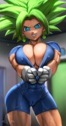  1girl blue_eyes breasts caulifla cleft_of_venus dragon_ball dragon_ball_super earrings elite_nappa female_pervert fusion green_hair highres jewelry kale_(dragon_ball) kefla_(dragon_ball) large_breasts long_hair mature_female medium_hair muscular muscular_female pervert potara_earrings potara_fusion presenting pussy sexually_suggestive smile solo solo_focus  rating:Questionable score:32 user:AhegaopA