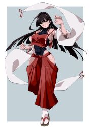  1girl bare_shoulders black_hair black_leotard breasts clenched_hand commentary_request detached_sleeves facial_scar fighting_stance fugaku_(miko_no_miyatsuguchi) full_body hakama highres hip_vent japanese_clothes large_breasts leotard long_hair looking_at_viewer m.u.g.e.n multiple_scars muscular muscular_female red_hakama ribbon-trimmed_sleeves ribbon_trim sandals scar scar_on_arm scar_on_cheek scar_on_face scar_on_hand scar_on_leg scar_on_shoulder sendai_hakurei_no_miko socks solo standing standing_on_one_leg touhou white_socks wide_sleeves yellow_eyes 