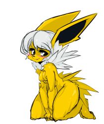  1girl animal_ears bad_id bad_tumblr_id blush body_fur breasts creatures_(company) eyelashes female_focus full_body furry furry_female game_freak gen_1_pokemon jolteon nintendo no_nipples nude pointy_ears pokemon pokemon_(creature) short_hair silver_hair simple_background slugbox small_breasts solo tail v_arms white_background  rating:Questionable score:18 user:danbooru