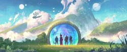  4others aircraft airship ambiguous_gender blue_sky cloud commentary day english_commentary fantasy grass hat highres hill holding holding_staff ilysia landscape multiple_others outdoors photoshop_(medium) planet richardlay scenery sky staff standing weapon weapon_on_back wide_shot witch_hat 