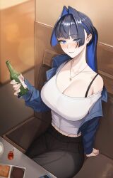  1girl absurdres adapted_costume beer_bottle black_hair blue_eyes blue_hair blunt_bangs booth_seating bottle breasts collarbone colored_inner_hair commentary denim denim_jacket hair_intakes highres holding holding_bottle hololive hololive_english indoors jacket jewelry large_breasts long_hair looking_at_viewer multicolored_hair necklace off_shoulder official_alternate_costume ouro_kronii ouro_kronii_(casual) parted_lips ponytail shirt sitting smile solo symbol-only_commentary virtual_youtuber white_shirt zenya 