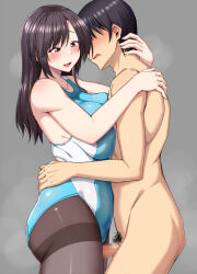  1boy 1girl :d bare_shoulders black_hair black_pantyhose blush breasts censored clothed_female_nude_male commentary_request competition_swimsuit completely_nude erection grey_background hetero highres hug large_breasts long_hair male_pubic_hair mosaic_censoring nokoppa nude one-piece_swimsuit open_mouth original pantyhose pantyhose_under_swimsuit penis pubic_hair red_eyes simple_background smile swimsuit thighband_pantyhose 