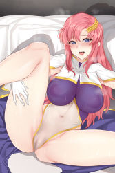 1girl blue_eyes breasts commentary cosplay covered_erect_nipples cowboy_shot english_commentary gloves gundam gundam_seed gundam_seed_destiny hair_ornament hairclip highleg highleg_leotard jjanda lacus_clyne large_breasts leotard long_hair looking_at_viewer lying meer_campbell meer_campbell_(cosplay) open_mouth pillow pink_eyes solo spread_legs teeth upper_teeth_only white_gloves rating:Questionable score:58 user:danbooru