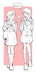  2girls ? arms_behind_back bag bang_dream! bang_dream!_it&#039;s_mygo!!!!! blush chihaya_anon closed_mouth commentary_request dress full_body greyscale_with_colored_background hanasakigawa_school_uniform haneoka_school_uniform highres jacket kneehighs long_hair long_sleeves looking_at_another monochrome multiple_girls neck_ribbon necktie open_mouth pink_background pleated_skirt ribbon school_bag school_uniform skirt smile socks spoken_question_mark standing thai_commentary thai_text translation_request yahata_umiri yogurt_pt 