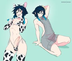  1boy alternate_costume androgynous animal_ears animal_print arm_up armpits bare_shoulders bikini bikini_pull black_hair blue_background blue_hair blush braid clothes_pull collarbone commentary cow_ears cow_print cow_print_bikini crossdressing elbow_gloves english_commentary erection fake_animal_ears flower genshin_impact gloves gradient_hair green_eyes hair_flower hair_ornament highres large_penis looking_at_viewer male_focus matemi meme_attire midriff multicolored_hair nipples open_mouth penis print_bikini ribs seiza shadow short_hair_with_long_locks simple_background sitting smile solo standing swimsuit thighhighs tongue tongue_out trap twin_braids venti_(genshin_impact) virgin_killer_sweater white_flower  rating:Explicit score:392 user:danbooru