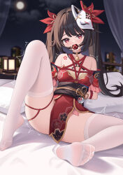  1girl ^^^ absurdres ball_gag bare_shoulders bdsm bell black_choker black_hair bondage bound bound_arms breasts choker cleavage crying crying_with_eyes_open detached_sleeves dress feet flower_tattoo fox_mask gag gagged highres honkai:_star_rail honkai_(series) icwine indoors knee_up long_hair looking_at_viewer mask neck_bell night no_shoes on_bed parted_lips pillow red_dress red_eyes red_rope restrained rope shibari short_sleeves sidelocks sitting small_breasts soles solo sparkle_(honkai:_star_rail) tattoo tears thighhighs toes twintails white_thighhighs wiffle_gag 