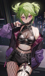  1girl absurdres alternate_hairstyle black_nails breasts cityscape closed_mouth commentary_request crop_top fishnet_pantyhose fishnets genshin_impact green_hair hair_between_eyes halterneck hand_in_pocket highres jacket kuki_shinobu looking_at_viewer mask mask_pull medium_breasts midriff mouth_mask navel night night_sky o-ring o-ring_thigh_strap off_shoulder pantyhose pottsness purple_eyes purple_jacket sky solo thigh_strap twintails twitter_username window  rating:Sensitive score:29 user:danbooru