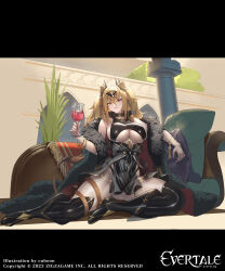 1girl alcohol animal_ears artist_name bare_shoulders black_leotard blonde_hair boots bracelet breasts coat commentary_request company_connection company_name copyright_name cuboon cup evertale full_body fur_trim gilgamesh_(evertale) highres holding jewelry large_breasts leotard lion_ears lion_tail lips logo long_hair looking_at_viewer off_shoulder official_art parted_lips pelvic_curtain pillow see-through shiny_clothes shiny_skin sitting smile tail tail_wrap thigh_boots thigh_strap thighs underboob weapon wine yellow_eyes rating:Sensitive score:4 user:danbooru
