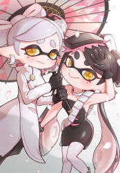  2girls absurdres black_dress black_gloves black_hair bow-shaped_hair callie_(splatoon) closed_mouth coat colored_tips cousins dress earrings falling_petals food food_on_head gloves grey_hair highres holding holding_umbrella hoop_earrings inkling jewelry long_hair looking_at_viewer marie_(splatoon) mole mole_under_eye multicolored_hair multiple_girls nintendo nokino_(nokinokin0) object_on_head pantyhose petals pink_hair pink_petals pointy_ears short_eyebrows short_hair smile splatoon_(series) star-shaped_pupils star_(symbol) strapless strapless_dress sushi symbol-shaped_pupils tentacle_hair thick_eyebrows two-tone_hair umbrella white_background white_coat white_pantyhose yellow_eyes yellow_pupils 