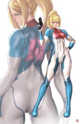  1girl ass blonde_hair blue_eyes bodysuit breasts closed_mouth commentary covered_navel energy_gun finalcake flat_ass full_body gun hand_on_own_hip hand_up handgun highres holding holding_weapon lips long_hair long_sleeves looking_at_viewer looking_back medium_breasts metroid metroid_dread mole mole_under_mouth multiple_views nintendo ponytail samus_aran shiny_clothes signature skin_tight smile turtleneck weapon zero_suit  rating:Sensitive score:56 user:danbooru