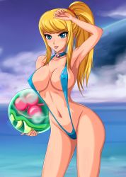  1girl alien areola_slip arm_up armpits bikini blonde_hair blue_eyes blush breasts cameltoe choker cleavage cloud contrapposto covered_erect_nipples curvy highres holding lipstick long_hair looking_at_viewer makeup medium_breasts metroid metroid_(creature) navel nintendo ocean one-piece_swimsuit outdoors ponytail samus_aran scrunchie sigurd_hosenfeld sky slingshot_swimsuit smile solo standing strap_gap swept_bangs swimsuit toned water  rating:Questionable score:160 user:niminz