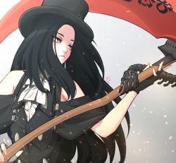  1other absurdres ascot bare_shoulders black_hair guilty_gear guilty_gear_strive hat highres mekrani red_eyes scythe testament_(guilty_gear) top_hat  rating:General score:10 user:CoomGang69