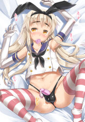  1boy armpits bare_shoulders bed black_neckerchief black_panties blonde_hair blush closed_mouth collarbone condom condom_in_mouth condom_on_penis condom_wrapper elbow_gloves from_above genderswap genderswap_(ftm) gloves kantai_collection long_hair looking_at_viewer lying mouth_hold navel neckerchief on_back panties penis red_thighhighs sailor_collar shimakaze-kun shimakaze_(kancolle) shimakaze_(kantai_collection) shirt small_penis solo stomach string_panties striped_clothes striped_thighhighs takase_yuu testicles thighhighs trap underwear used_condom used_condom_on_penis white_gloves white_shirt yellow_eyes 