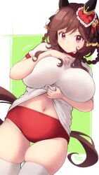 1girl animal_ears black_ribbon braided_hair_rings breasts brown_hair buruma clothes_lift commentary_request cowboy_shot deto ear_covers ear_ornament gentildonna_(umamusume) groin gym_shirt gym_uniform hair_between_eyes hair_ribbon heart_ear_ornament highres horse_ears horse_girl horse_tail large_breasts lifting_own_clothes long_hair looking_at_viewer navel parted_lips pink_eyes red_buruma ribbon shirt shirt_lift short_sleeves sidelocks signature single_ear_cover skindentation solo standing stomach tail thick_thighs thighhighs thighs tracen_training_uniform umamusume white_shirt white_thighhighs