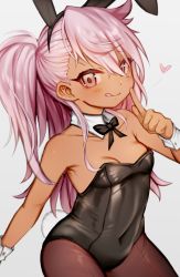  1girl :q animal_ears bare_shoulders black_bow black_hairband black_leotard blush bow breasts brown_eyes brown_pantyhose chloe_von_einzbern collar collarbone commentary covered_navel dark-skinned_female dark_skin detached_collar fake_animal_ears fate/kaleid_liner_prisma_illya fate_(series) grey_background hair_between_eyes hairband heart index_finger_raised leotard long_hair looking_at_viewer mofuaki one_side_up pantyhose pink_hair playboy_bunny rabbit_ears rabbit_tail simple_background small_breasts solo strapless strapless_leotard tail tongue tongue_out very_long_hair white_collar wrist_cuffs  rating:Sensitive score:30 user:danbooru