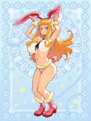 1girl :o animal_ears arms_up between_breasts blonde_hair blue_eyes blunt_bangs boots breasts detached_collar end_breaker! fake_animal_ears full_body hair_censor large_breasts long_hair navel necktie official_art panties rabbit_ears rabbit_pose rabbit_tail ryoji_(nomura_ryouji) sidelocks solo standing striped_clothes striped_panties tail topless underwear wrist_cuffs rating:Questionable score:25 user:danbooru