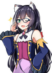 1girl ;d absurdres animal_ear_fluff animal_ears bare_shoulders bespectacled black_hair blue-framed_eyewear blue_sleeves blush cat_ears detached_sleeves fang glasses green_eyes hair_between_eyes hand_on_own_hip highres karyl_(princess_connect!) long_sleeves low_twintails moyoron multicolored_hair one_eye_closed open_mouth princess_connect! purple_skirt shirt simple_background skirt sleeveless sleeveless_shirt smile solo sparkle streaked_hair twintails upper_body white_background white_hair white_shirt rating:Sensitive score:6 user:danbooru