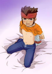  1boy arms_behind_back brown_eyes brown_hair endou_mamoru headband inazuma_eleven inazuma_eleven_(series) male_focus nipples restrained shirt shota solo stomach underwear  rating:Questionable score:9 user:Lord_Flowers