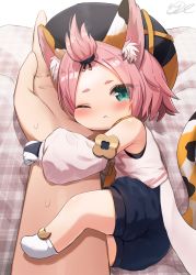 1girl animal_ear_fluff animal_ears arm_hug bare_shoulders blush cat_ears cat_girl cat_tail child closed_mouth commentary detached_sleeves diona_(genshin_impact) genshin_impact gloves hair_ornament highres j2l looking_at_viewer no_shoes pink_hair pov puffy_shorts shirt short_eyebrows shorts sleeveless sleeveless_shirt solo_focus tail rating:Sensitive score:56 user:danbooru