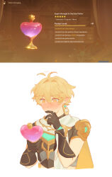  1boy aether_(genshin_impact) ahoge arm_armor armor blonde_hair blush bottle braid brown_gloves brown_shirt covering_own_mouth earrings genshin_impact gloves gold_trim hair_between_eyes heart-shaped_bottle highres holding holding_bottle jewelry long_hair looking_at_object male_focus mao_omelet poison scarf shirt short_sleeves shoulder_armor simple_background single_earring solo standing star_(symbol) sweat white_background white_scarf yellow_eyes 