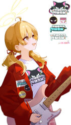  1girl absurdres ahoge blonde_hair blue_archive coat commentary_request eco_376124 electric_guitar fender_stratocaster guitar hair_ribbon halo highres holding holding_plectrum instrument logo long_hair looking_up official_alternate_costume pink_skirt plectrum print_shirt red_coat ribbon shirt simple_background skirt solo twintails white_background white_shirt yoshimi_(band)_(blue_archive) yoshimi_(blue_archive) 