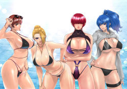 4girls bare_shoulders bikini black_bikini blonde_hair blue_eyes blue_hair bracelet breasts cleavage closed_mouth commentary_request crossed_arms earrings eyepatch eyewear_on_head fingernails hair_over_eyes hand_on_own_hip highleg highleg_swimsuit highres jewelry large_breasts leaning_forward leona_heidern lips long_hair long_sleeves looking_at_viewer mature_(kof) multiple_girls navel o-ring o-ring_swimsuit parted_lips ponytail red_hair shermie_(kof) shiny_skin shrug_(clothing) simple_background sk_(sk-g) smile snk stomach sunglasses swimsuit the_king_of_fighters thigh_strap thighs vice_(kof) rating:Sensitive score:78 user:danbooru