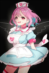  1girl ahoge black_background breasts choker commentary crying crying_with_eyes_open dress fang hat heart heart_print idolmaster idolmaster_cinderella_girls idolmaster_cinderella_girls_starlight_stage large_breasts looking_at_viewer medium_hair multicolored_hair nurse_cap official_alternate_costume open_mouth petticoat pink_armband puffy_short_sleeves puffy_sleeves raised_eyebrows short_sleeves single_thighhigh solo sparkle_print striped_clothes striped_thighhighs sukoyaka_(100hituzi) tears thighhighs thighs two-tone_hair wings yumemi_riamu 