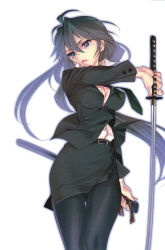  10s 1girl black_hair black_pantyhose blush breasts cleavage female_focus formal highres infinite_stratos large_breasts long_hair necktie orimura_chifuyu pantyhose skirt solo suit sword weapon white_background  rating:Sensitive score:54 user:loplop