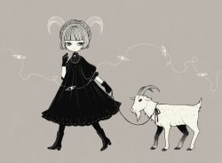  1girl animal blunt_bangs boots braid buttons closed_mouth drawn_horns dress eleanor_(ohmyeleanor) expressionless frilled_dress frills gloves goat goat_horns grey_background greyscale holding holding_leash horns leash looking_to_the_side monochrome original puffy_short_sleeves puffy_sleeves ribbon short_hair short_sleeves sidelocks simple_background walking 
