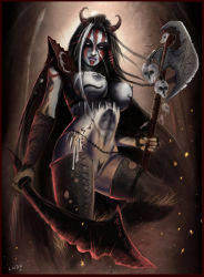 axe cloak demon_girl facepaint highres horns lucien pale_skin sword tattoo weapon rating:Explicit score:16 user:Moof