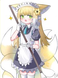 1girl :d alternate_costume animal_ears apron arknights black_dress blonde_hair blush collared_dress dress enmaided fox_ears fox_girl fox_tail frilled_apron frills gloves green_eyes highres holding kitsune long_hair maid maid_apron maid_headdress multicolored_hair open_mouth puffy_short_sleeves puffy_sleeves short_sleeves simple_background smile solo spam_(spamham4506) sparkle suzuran_(arknights) tail two-tone_hair very_long_hair white_apron white_background white_gloves white_hair 