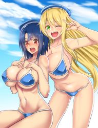 10s 2girls atago_(kancolle) bikini black_hair blonde_hair blush breasts cleavage green_eyes highres huge_breasts kantai_collection large_breasts leaning_forward long_hair looking_at_viewer multiple_girls navel one_eye_closed open_mouth red_eyes sitting smile standing swimsuit takao_(kancolle) takecha v_over_eye rating:Questionable score:31 user:danbooru