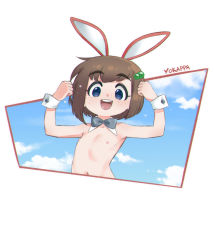  1girl armpits bare_shoulders bare_stomach black_bow black_bowtie blue_eyes blue_sky body_freckles bow bowtie cloud detached_collar female_focus flat_chest freckles freckles_on_breasts green_hair_ornament hands_up indie_virtual_youtuber lily_hopkins loli looking_at_viewer navel nipples nude outline rabbit_ears red_outline short_hair simple_background sky smile solo topless upper_body virtual_youtuber white_outline wrist_cuffs yokappa_(jokappa)  rating:Questionable score:137 user:VampireQueenDespair