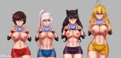  4girls absurdres aestheticc-meme ahoge animal_ears bare_shoulders blake_belladonna blonde_hair blue_eyes bow breasts cat_ears cleavage clothes_lift detached_sleeves gradient_hair grey_eyes grin hair_bow highres large_breasts long_hair looking_at_viewer midriff multicolored_hair multiple_girls nipples open_mouth ponytail purple_eyes red_hair ribbon ruby_rose rwby scar scar_across_eye scar_on_face shirt shirt_lift short_hair short_sleeves shorts side_ponytail sign sleeveless sleeveless_shirt smile two-tone_hair vambraces wavy_hair weiss_schnee white_hair yang_xiao_long yellow_eyes yellow_shirt  rating:Explicit score:197 user:Vardigiil
