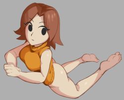 1girl ass bare_shoulders barefoot bottomless breasts brown_hair closed_mouth commentary english_commentary expressionless eyes_visible_through_hair feet full_body grey_background highres large_breasts legs_up looking_back lying mii_(nintendo) mii_gunner nintendo on_stomach orange_sweater parted_bangs shiny_skin shirt short_hair simple_background sleeveless sleeveless_sweater sleeveless_turtleneck soles solo super_smash_bros. sweater the_pose toes turtleneck vulpyalt rating:Questionable score:60 user:danbooru