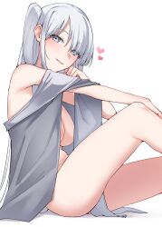  1girl absurdres areola_slip blush breasts fuyutsuki_(kancolle) grey_eyes grey_hair grey_shawl hair_between_eyes hair_over_one_eye heart highres kantai_collection kiritto large_breasts long_hair looking_at_viewer naked_shawl nude one_side_up open_clothes parted_lips shawl simple_background sitting solo very_long_hair white_background 