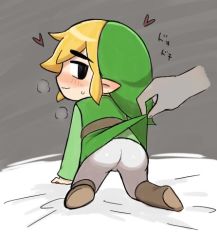  1boy ass blonde_hair blush closed_mouth disembodied_limb green_footwear green_headwear hat hoshino_(pixiv8526171) lifting_another&#039;s_clothes link looking_back nintendo pants pointy_ears shota solo_focus sweat the_legend_of_zelda the_legend_of_zelda:_the_wind_waker toon_link  rating:Questionable score:22 user:Domestic_Importer