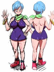  1girl ass blue_hair blush boots breasts bulma butt_crack cleavage dragon_ball dragonball_z dress female_focus large_breasts rickert_kai scarf short_hair solo standing  rating:Questionable score:60 user:RoyalGuard