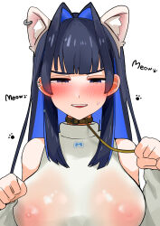  1girl :d absurdres animal_ears black_hair blue_eyes blue_hair blush cat_ears chimomi_ya collar ear_piercing english_text highres hololive hololive_english leash long_hair multicolored_hair nipples open_mouth ouro_kronii piercing see-through simple_background smile solo teeth two-tone_hair virtual_youtuber white_background 